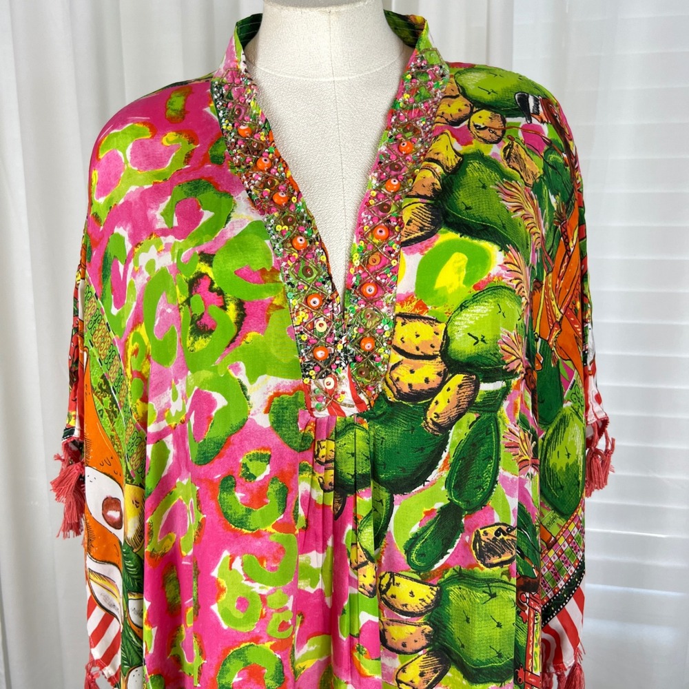 Antica Sartoria Beaded Tassel Kaftan Dress Pink Green OS Vacation Resort NEW - Picture 3 of 16